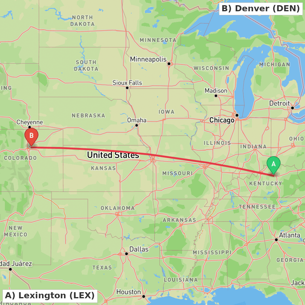 Flight route map from Lexington to Denver