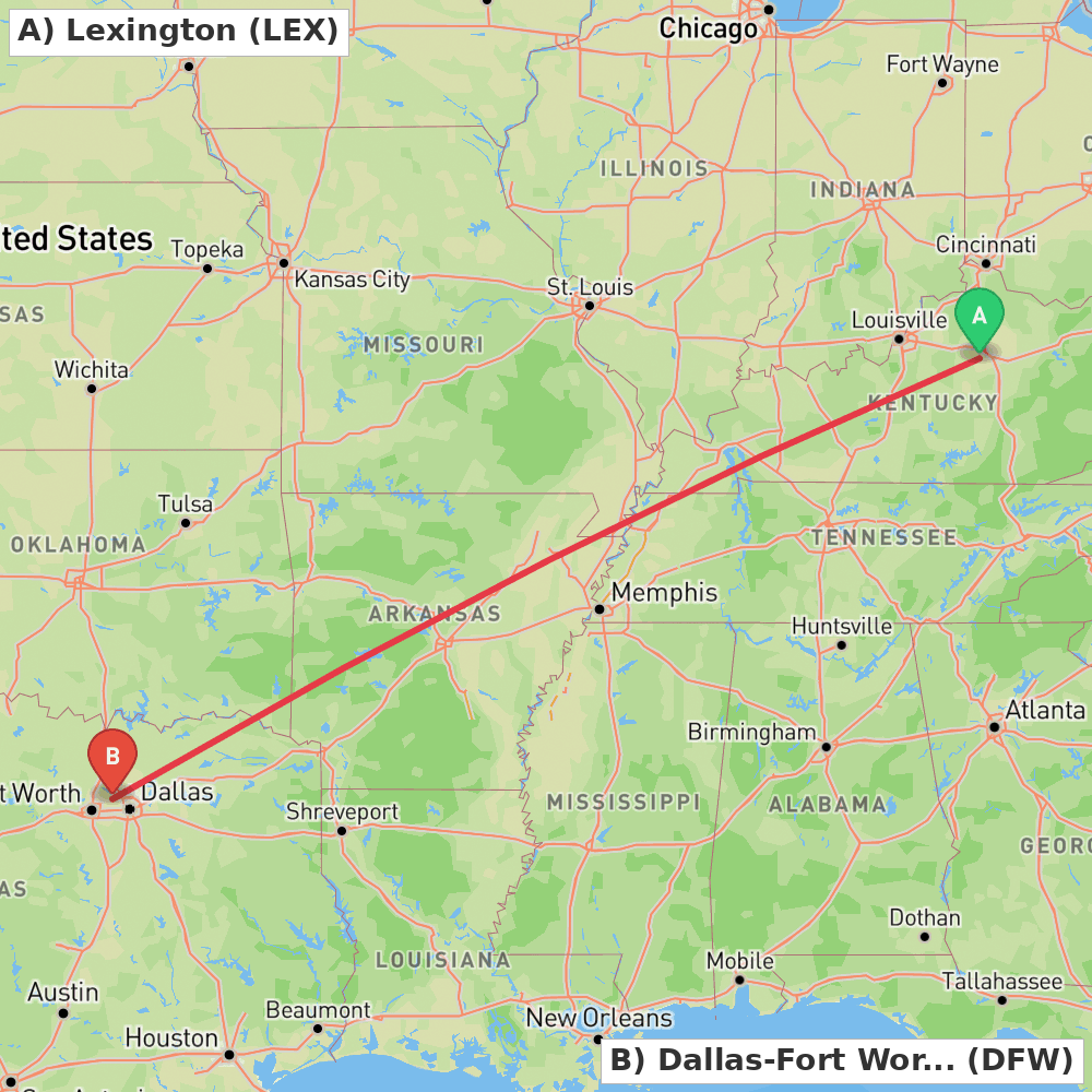 Flight route map from Lexington to Dallas-Fort Worth