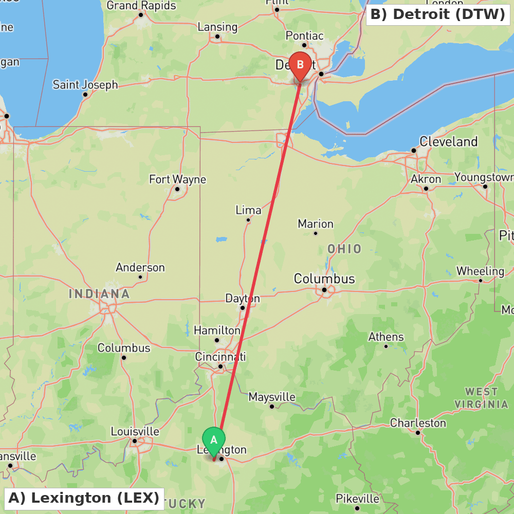Flight route map from Lexington to Detroit