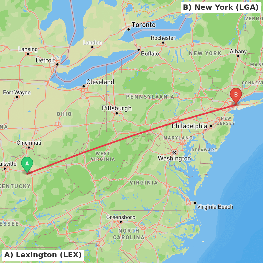 Flight route map from Lexington to New York