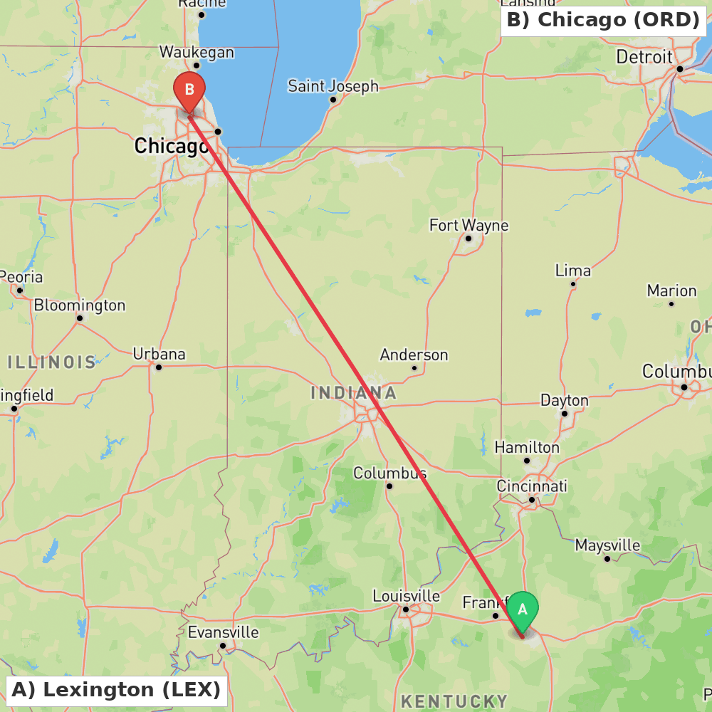 Flight route map from Lexington to Chicago