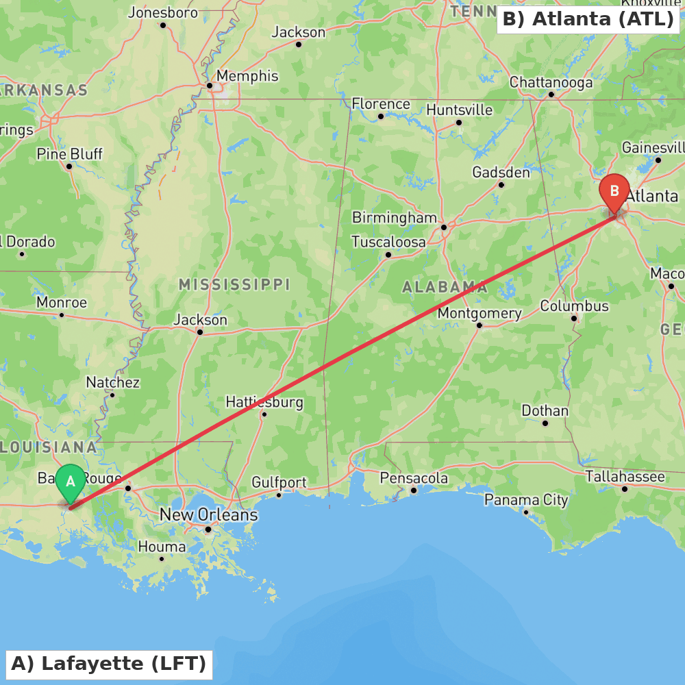 Flight route map from Lafayette to Atlanta