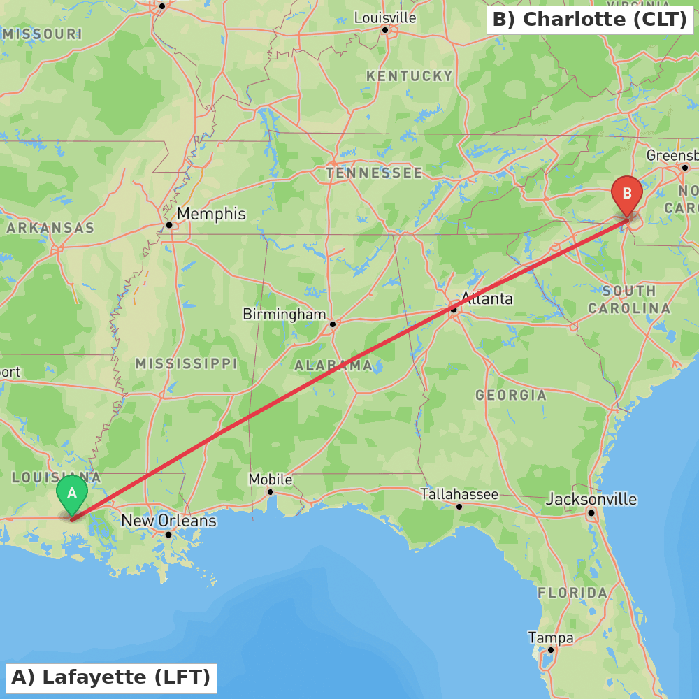 Flight route map from Lafayette to Charlotte