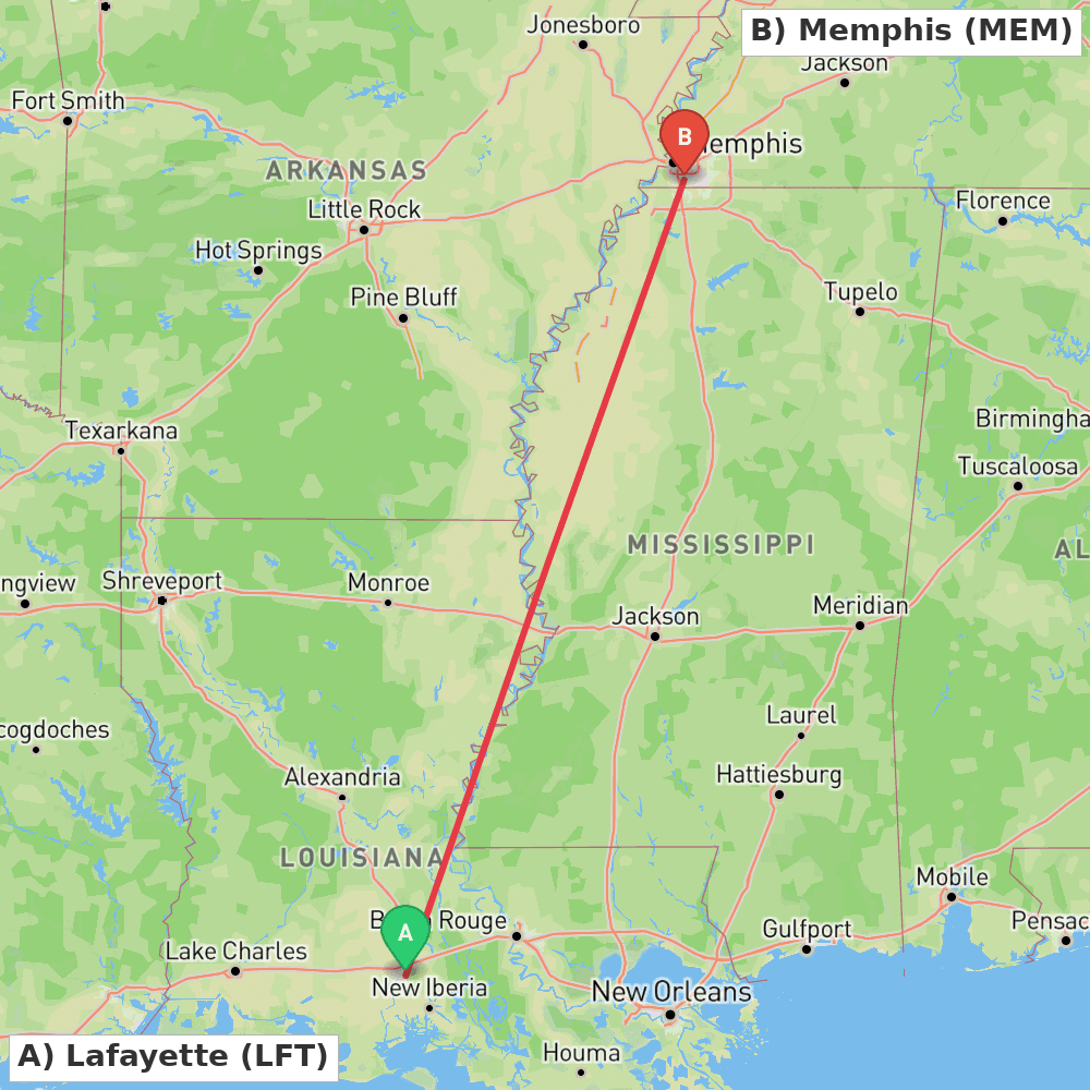Flight route map from Lafayette to Memphis