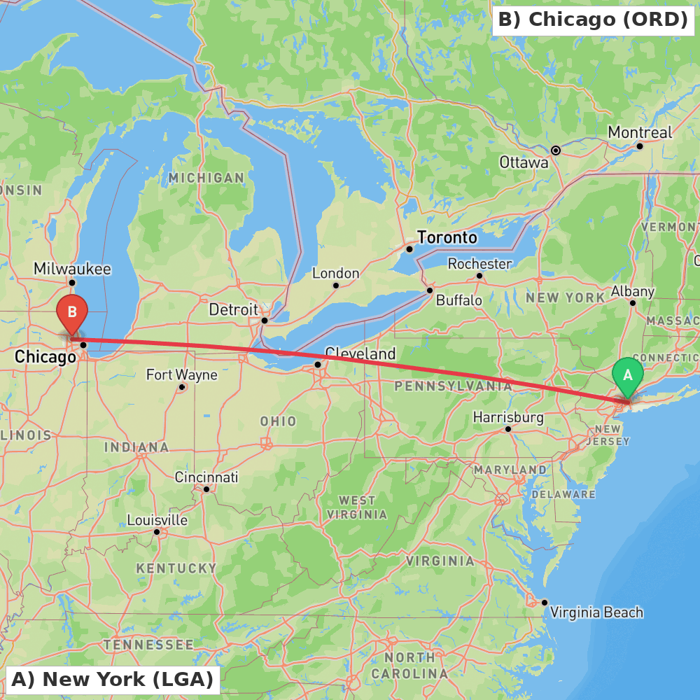 Flight route map from New York to Chicago