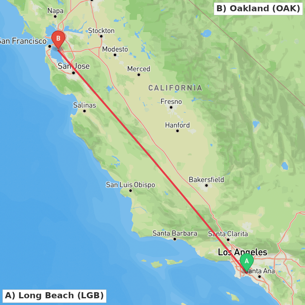 Flight route map from Long Beach to Oakland