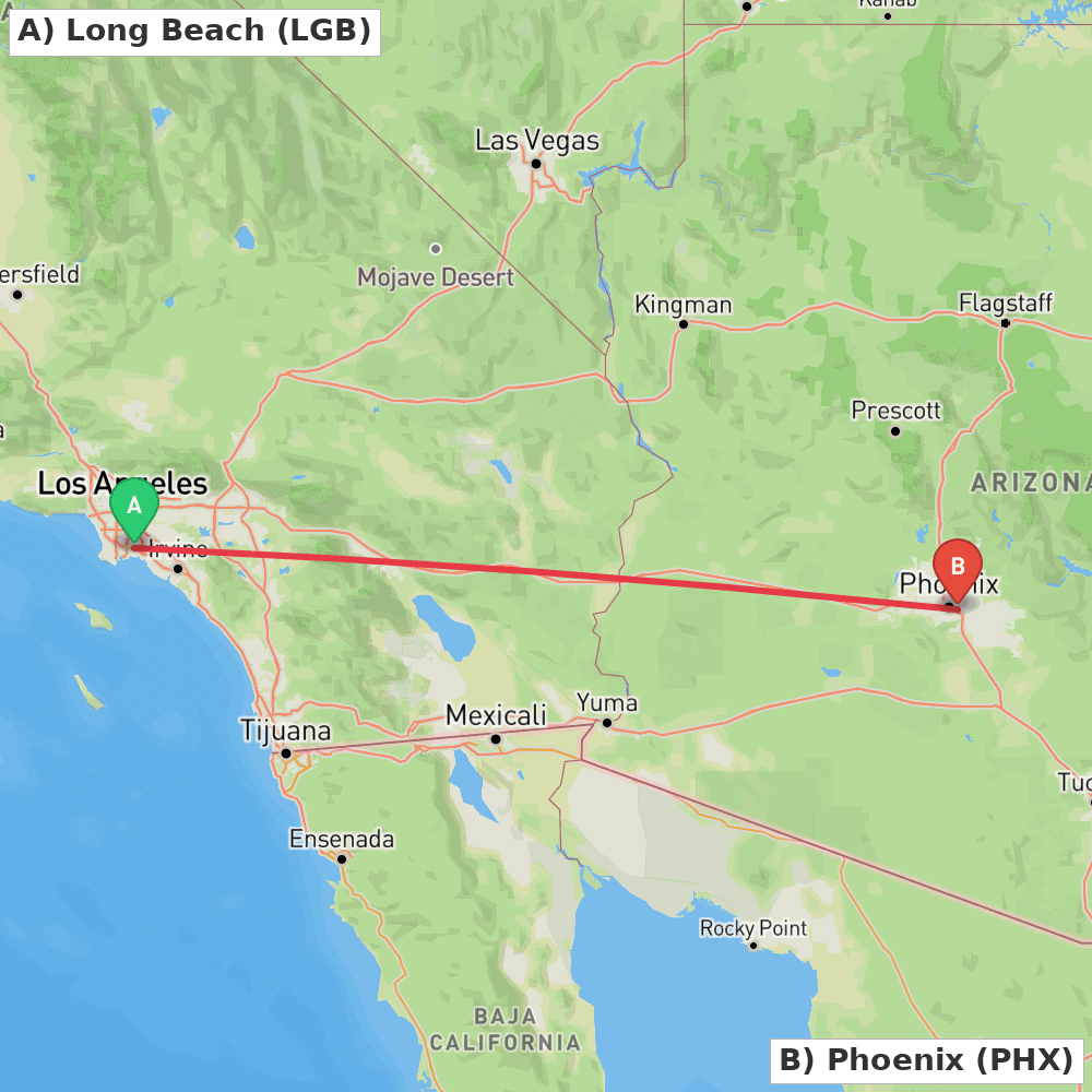 Flight route map from Long Beach to Phoenix