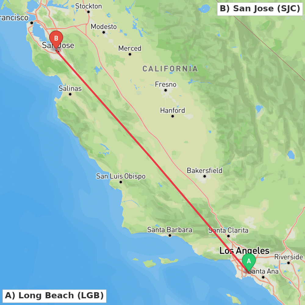 Flight route map from Long Beach to San Jose