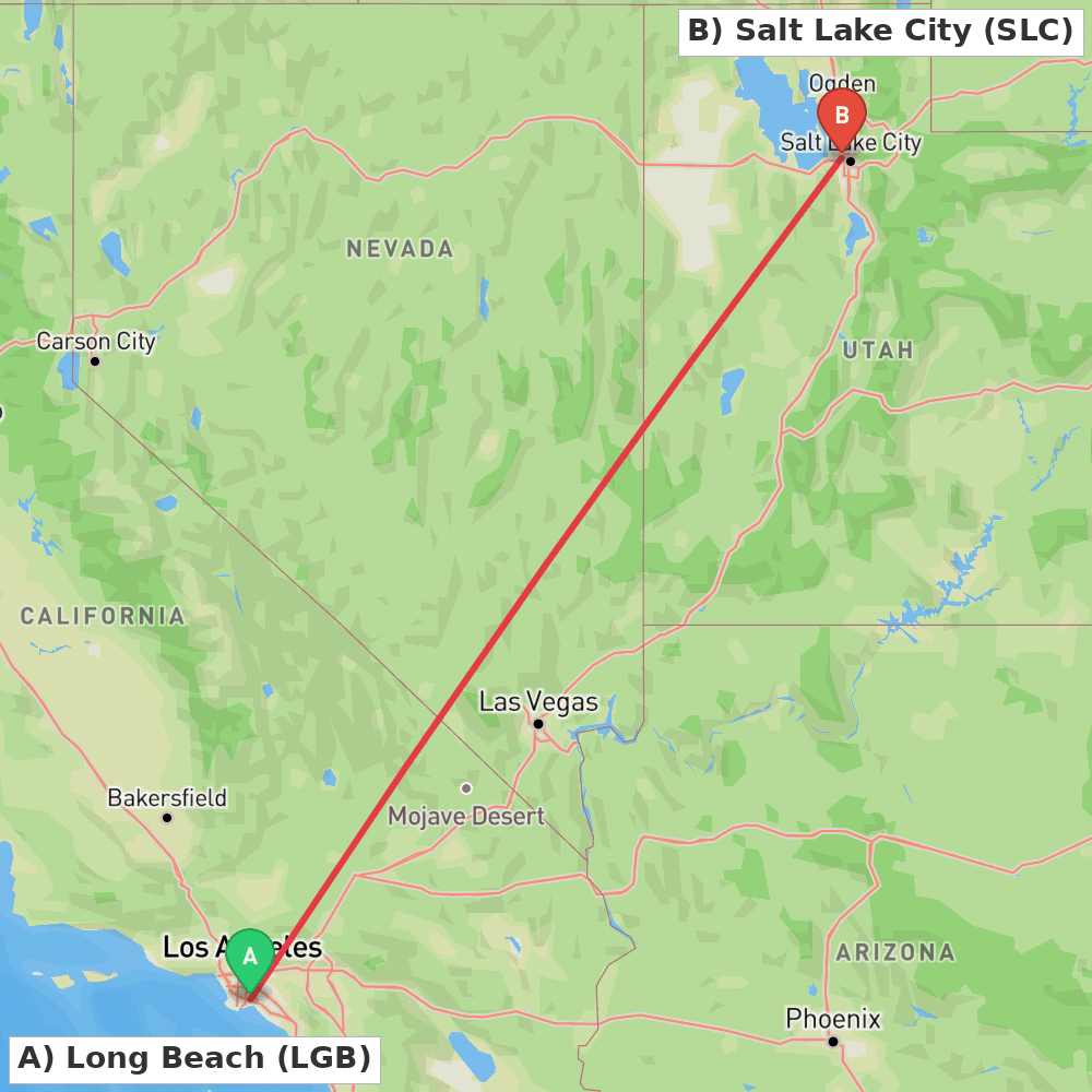 Flight route map from Long Beach to Salt Lake City