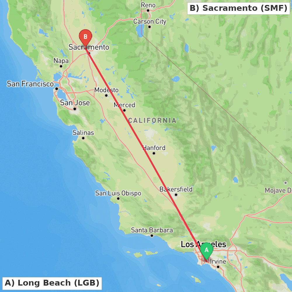 Flight route map from Long Beach to Sacramento