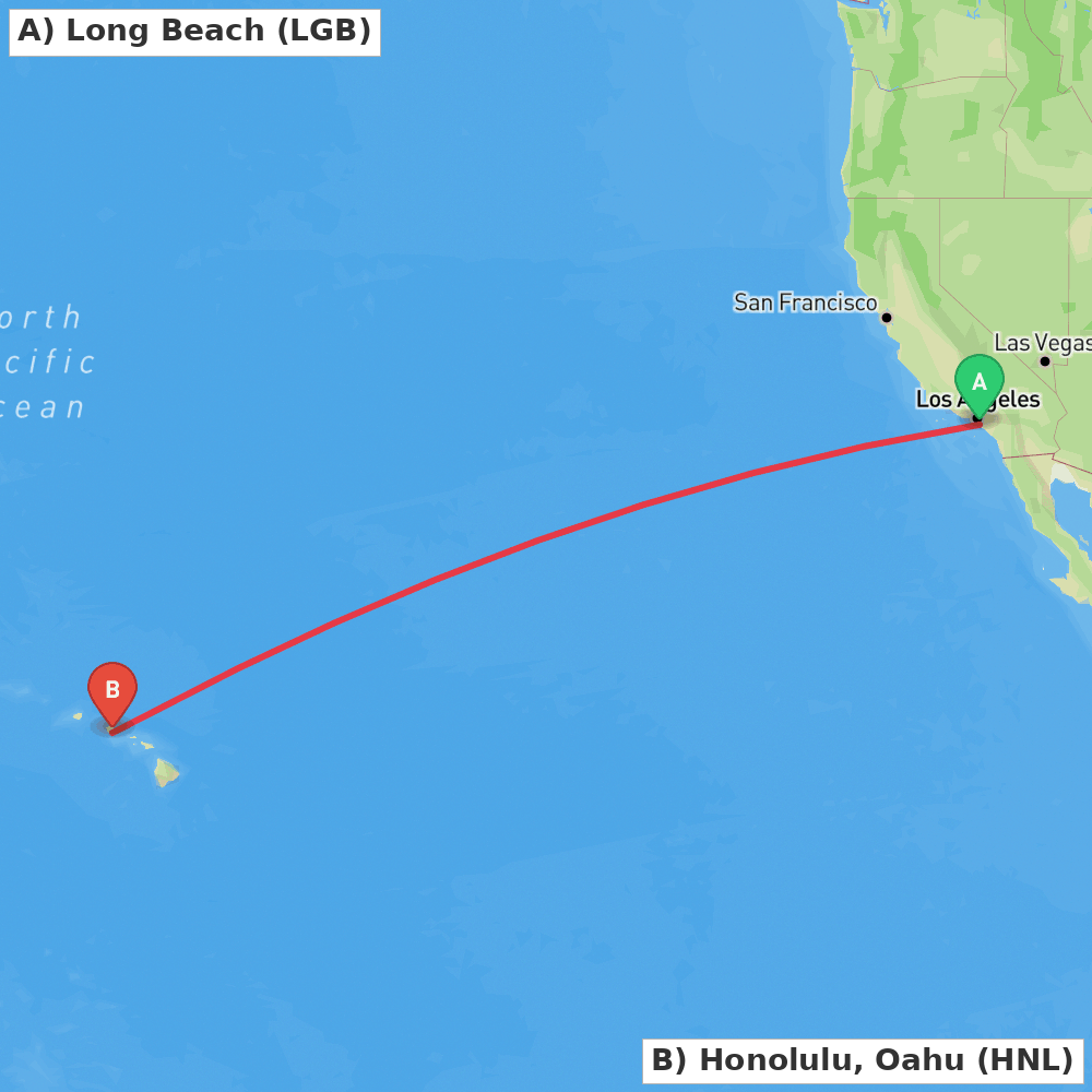 Flight route map from Long Beach to Honolulu, Oahu