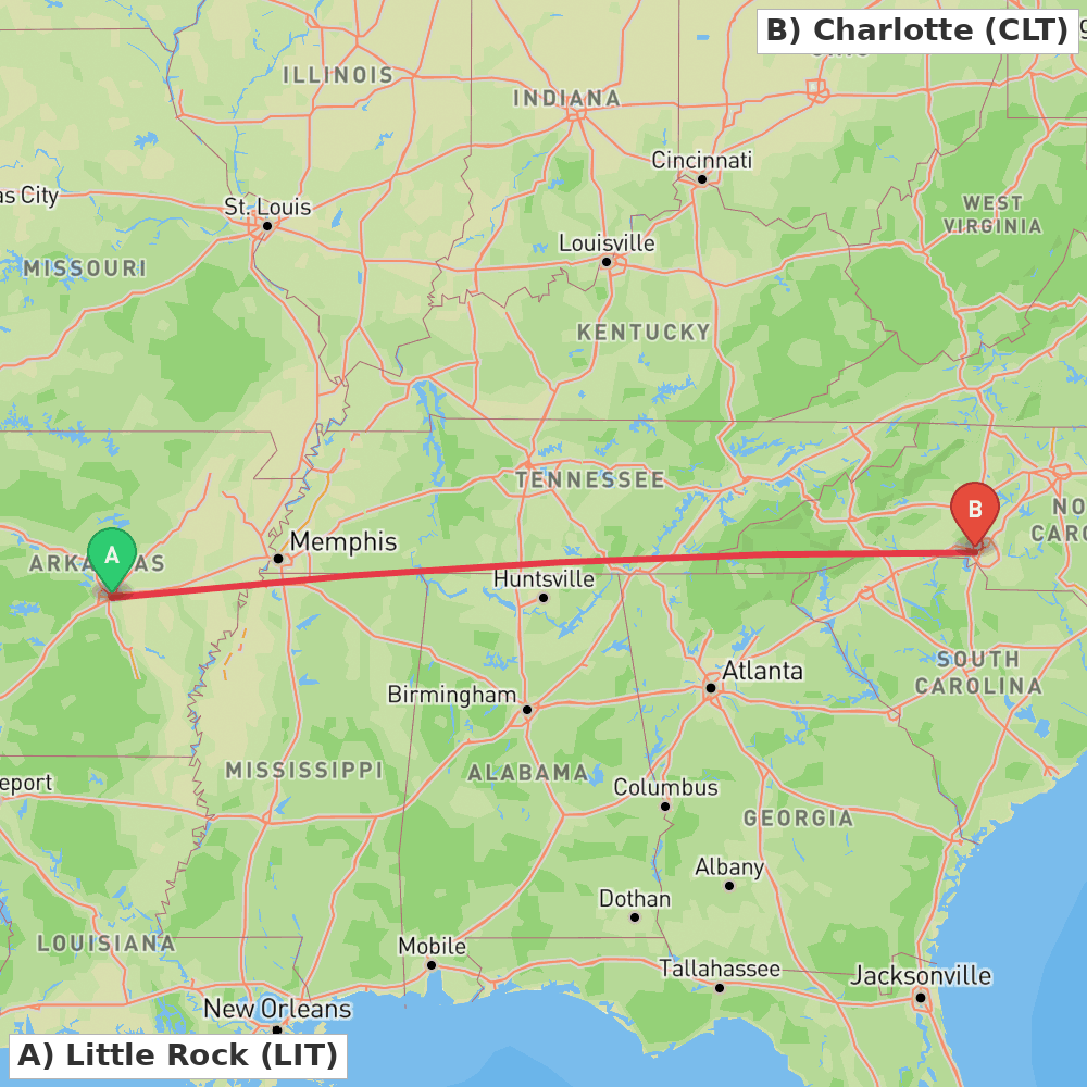 Flight route map from Little Rock to Charlotte