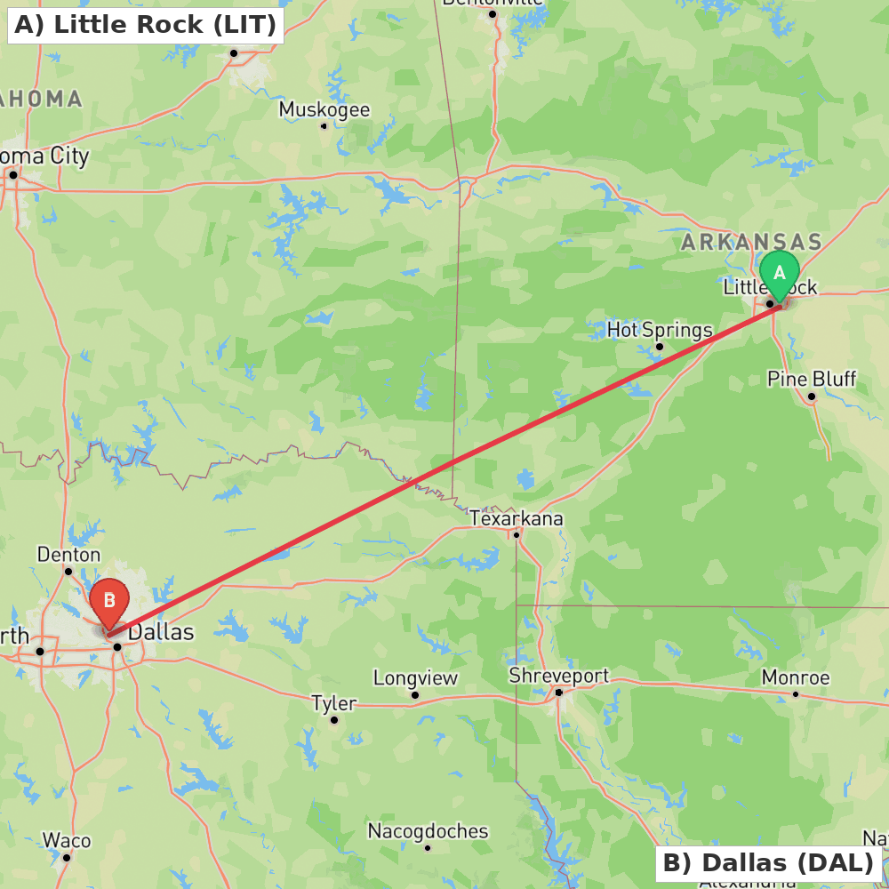Flight route map from Little Rock to Dallas