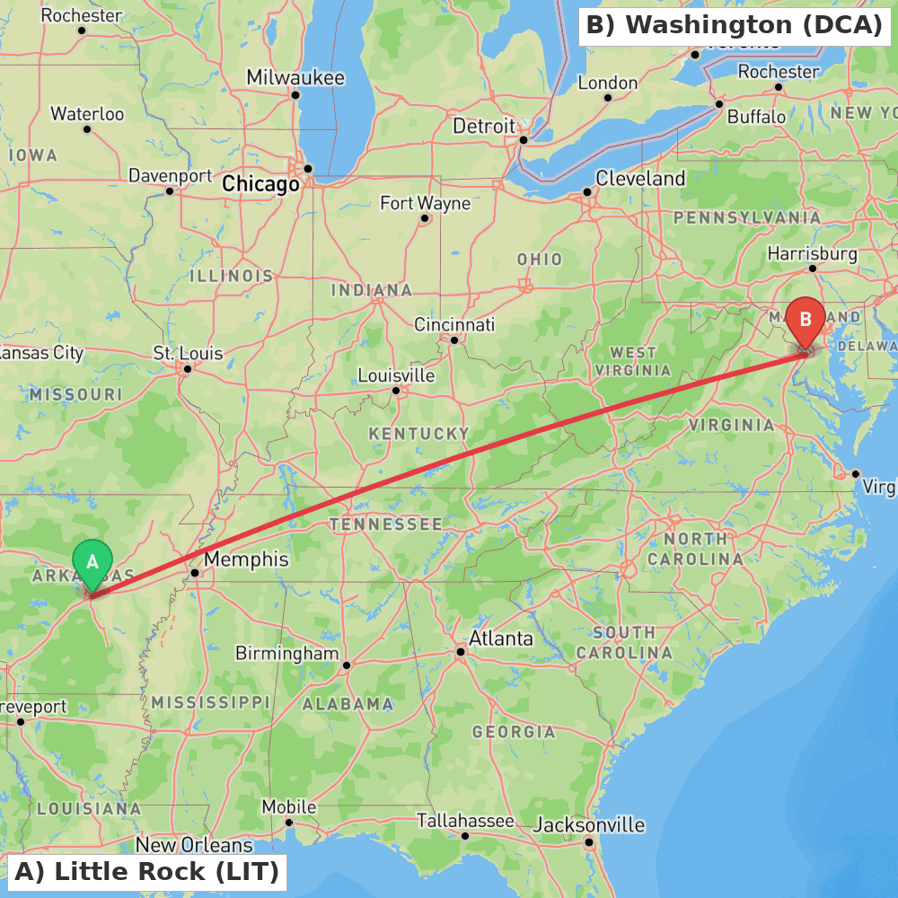 Flight route map from Little Rock to Washington