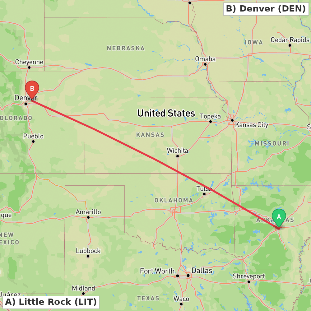 Flight route map from Little Rock to Denver