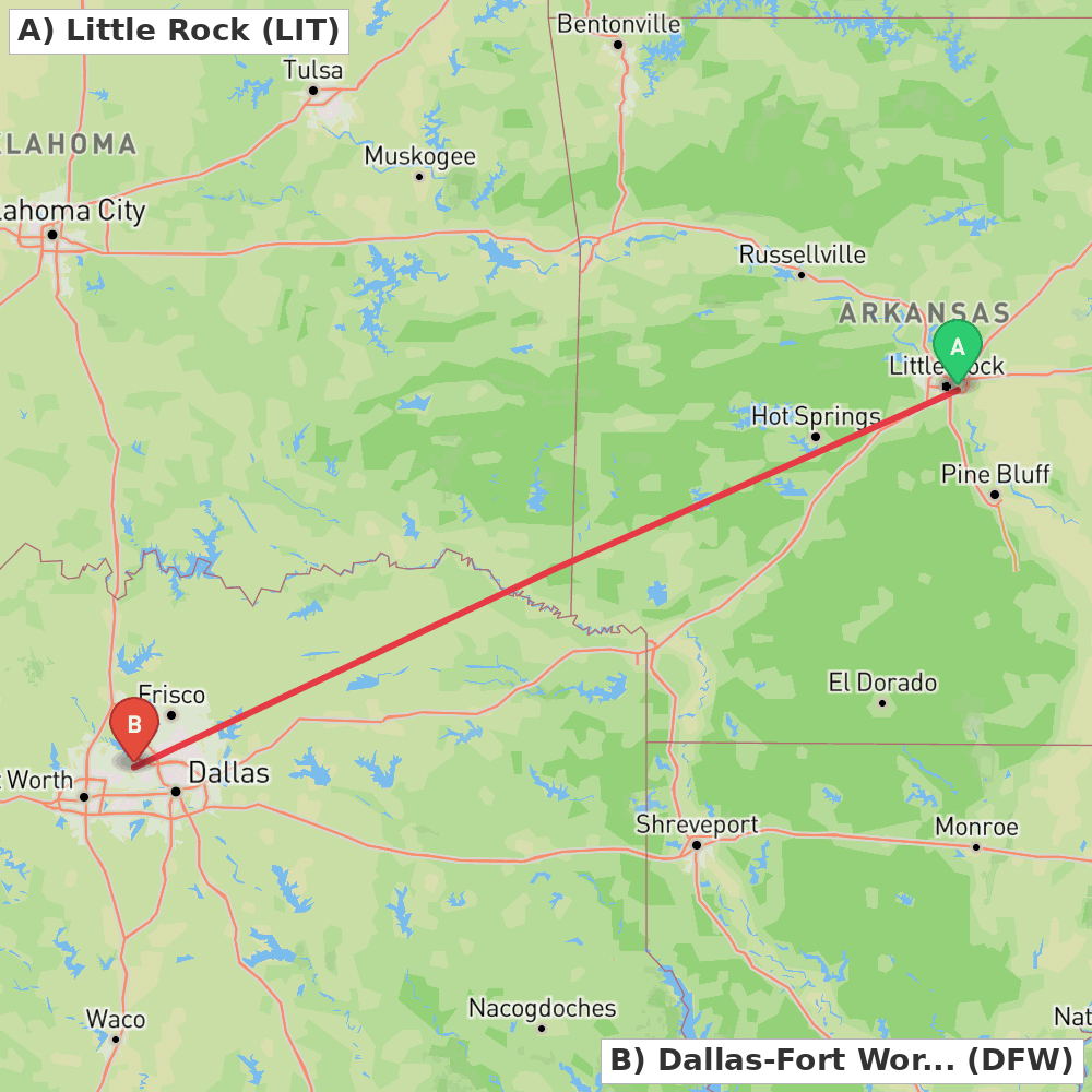 Flight route map from Little Rock to Dallas-Fort Worth