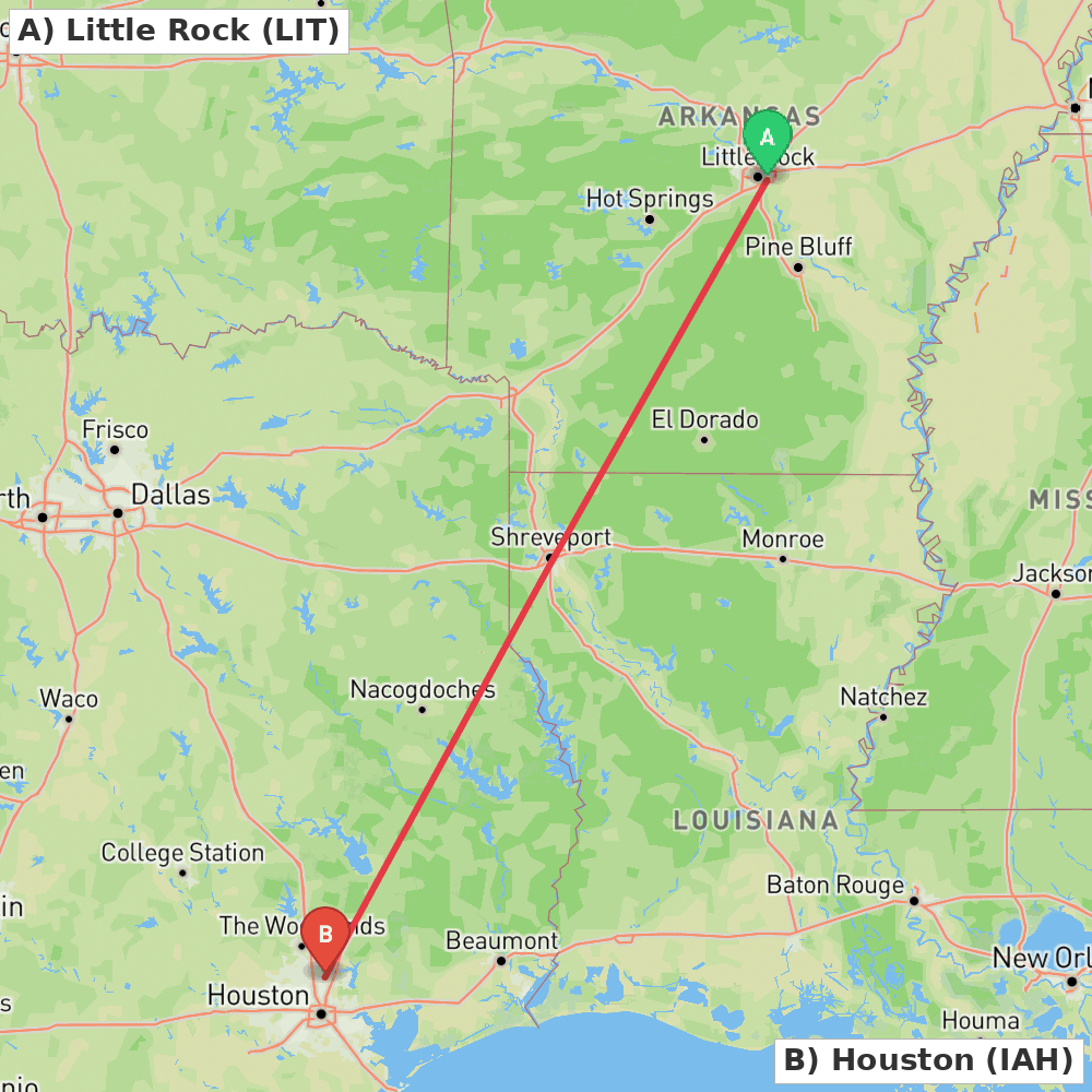Flight route map from Little Rock to Houston