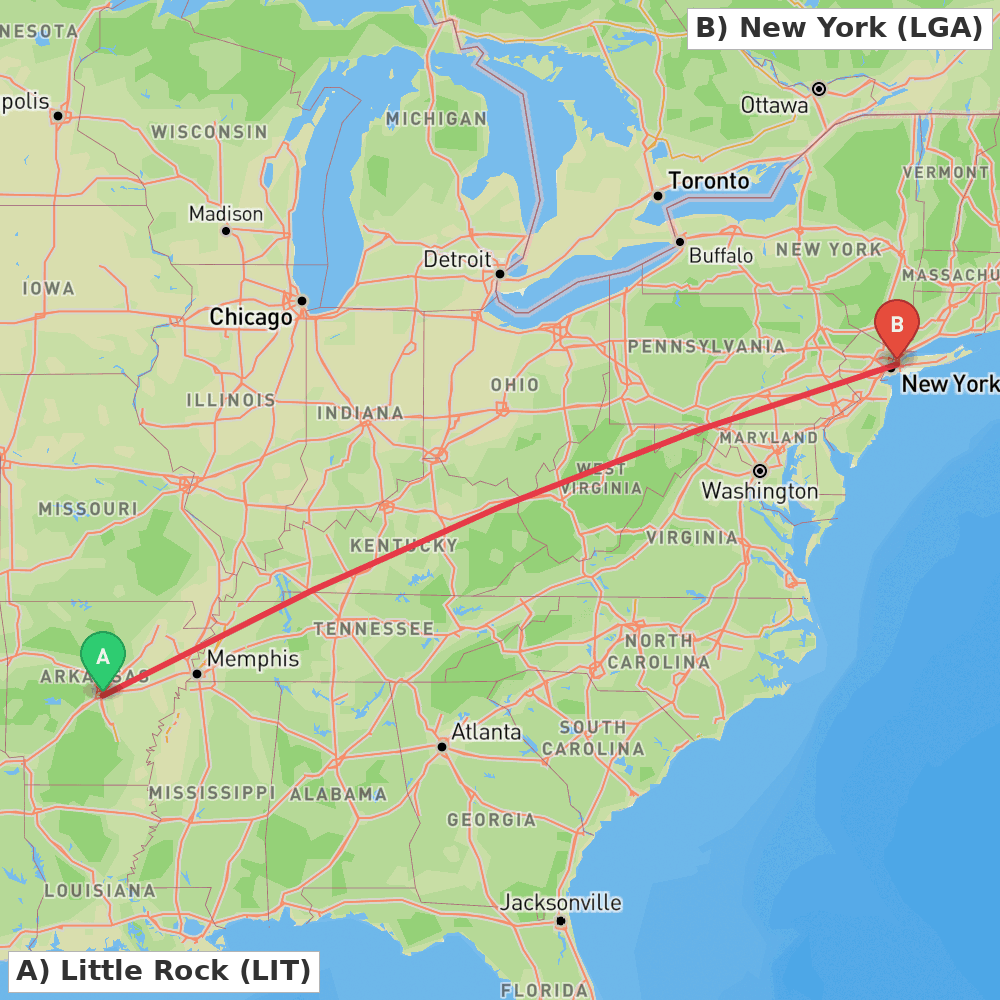 Flight route map from Little Rock to New York