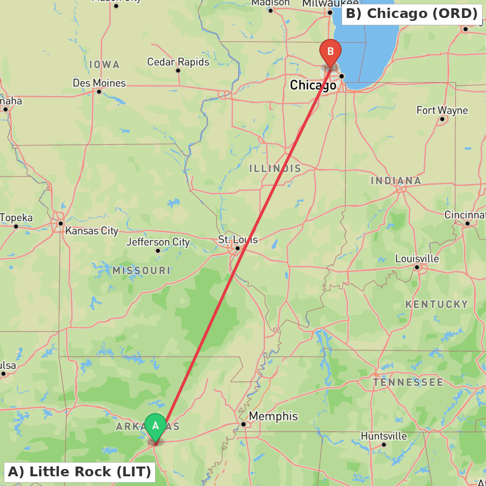 Flight route map from Little Rock to Chicago