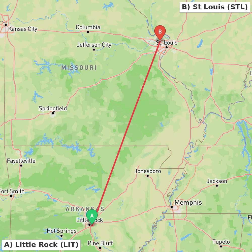 Flight route map from Little Rock to St Louis