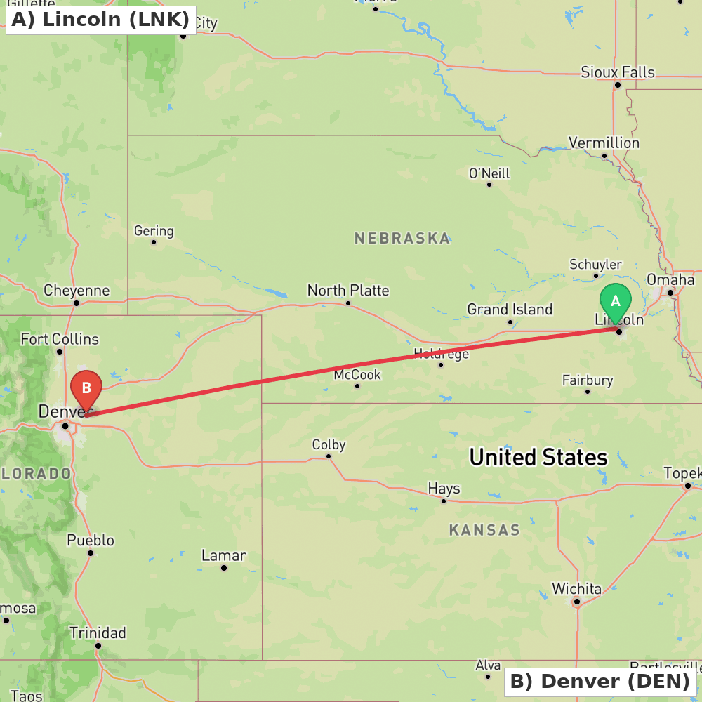 Flight route map from Lincoln to Denver