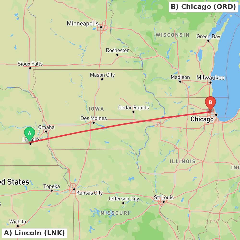 Flight route map from Lincoln to Chicago