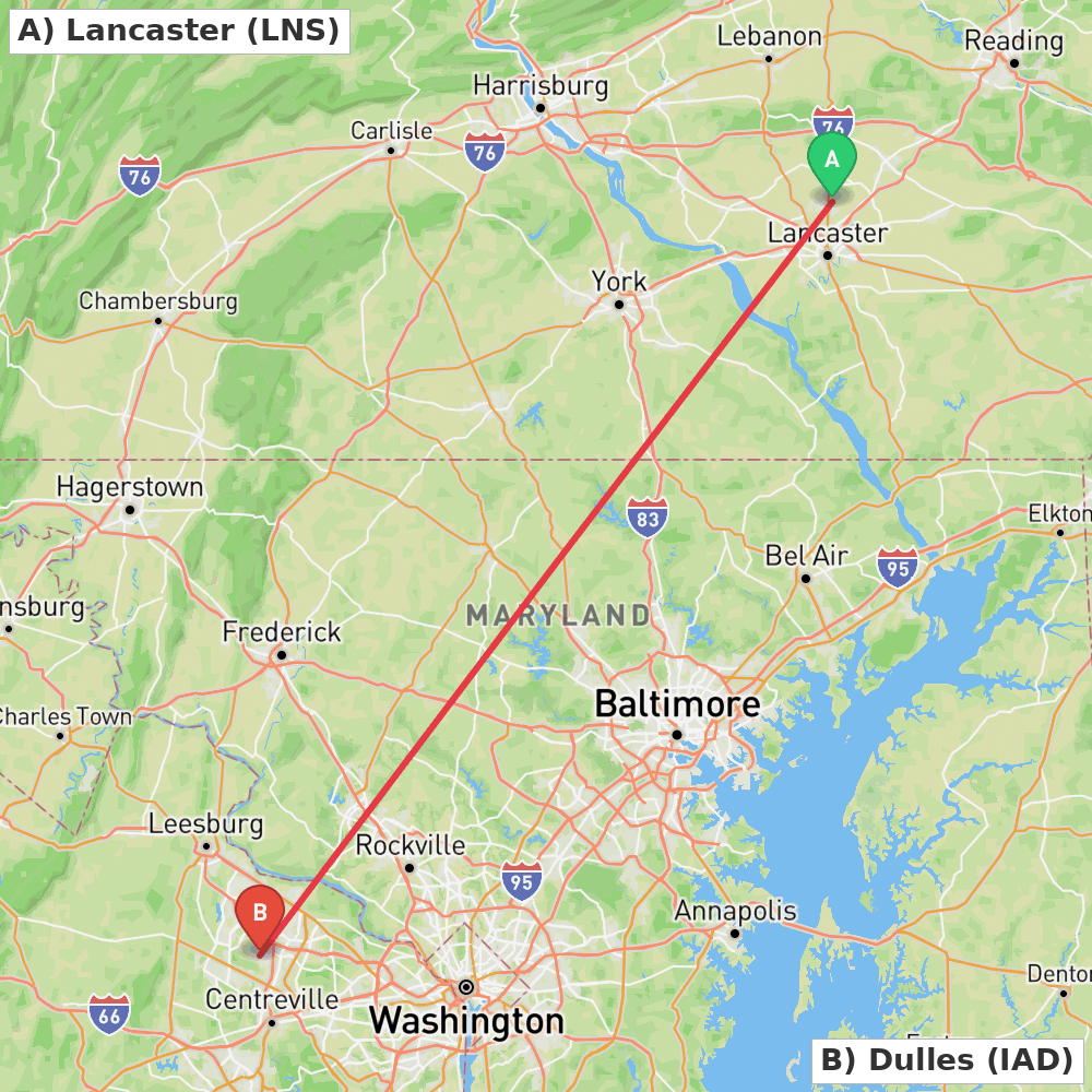 Flight route map from Lancaster to Dulles