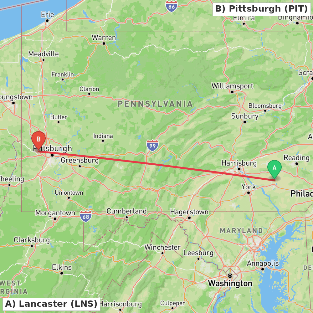Flight route map from Lancaster to Pittsburgh