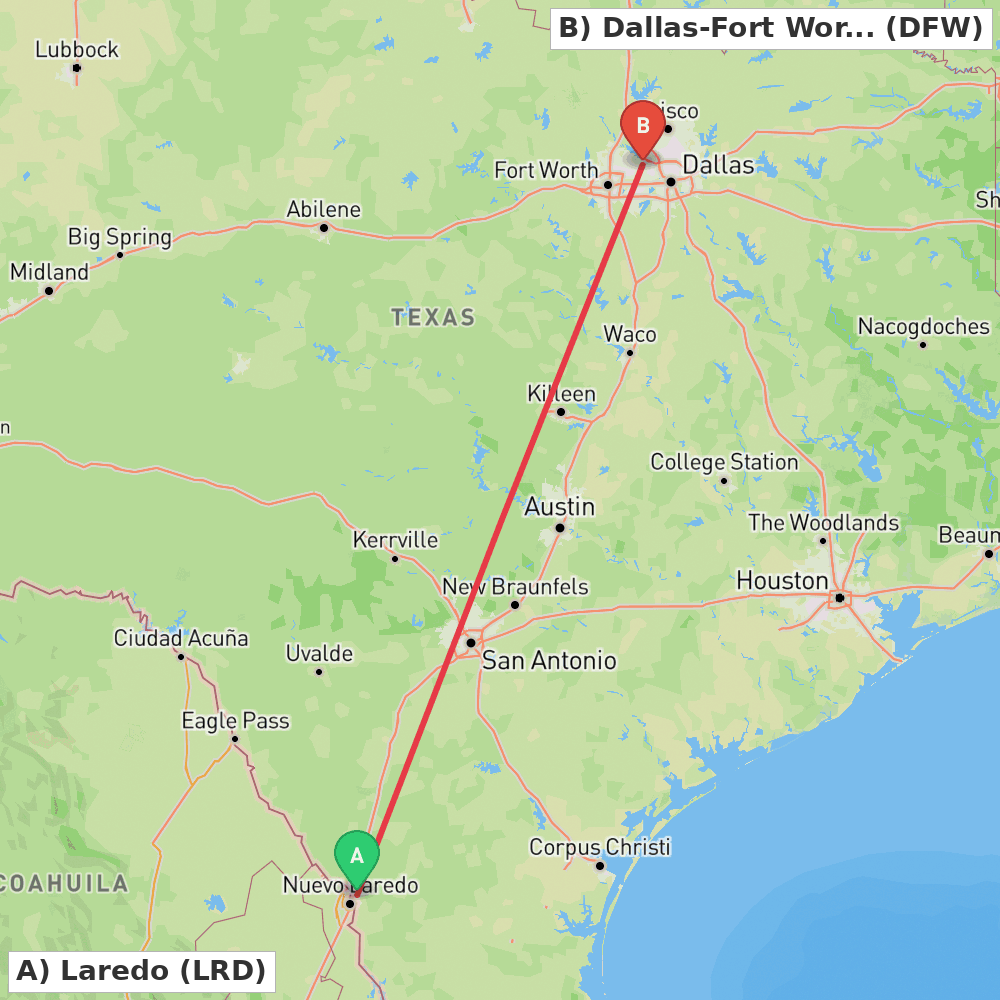 Flight route map from Laredo to Dallas-Fort Worth