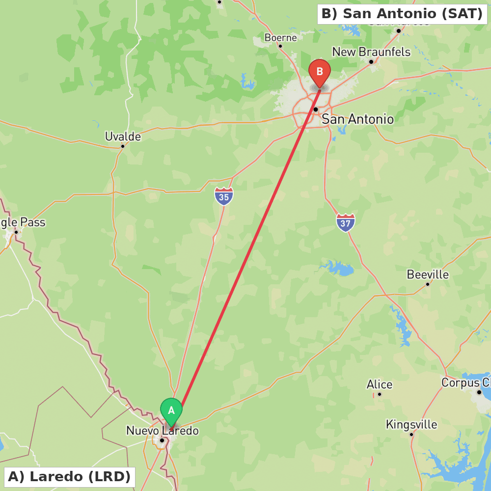 Flight route map from Laredo to San Antonio