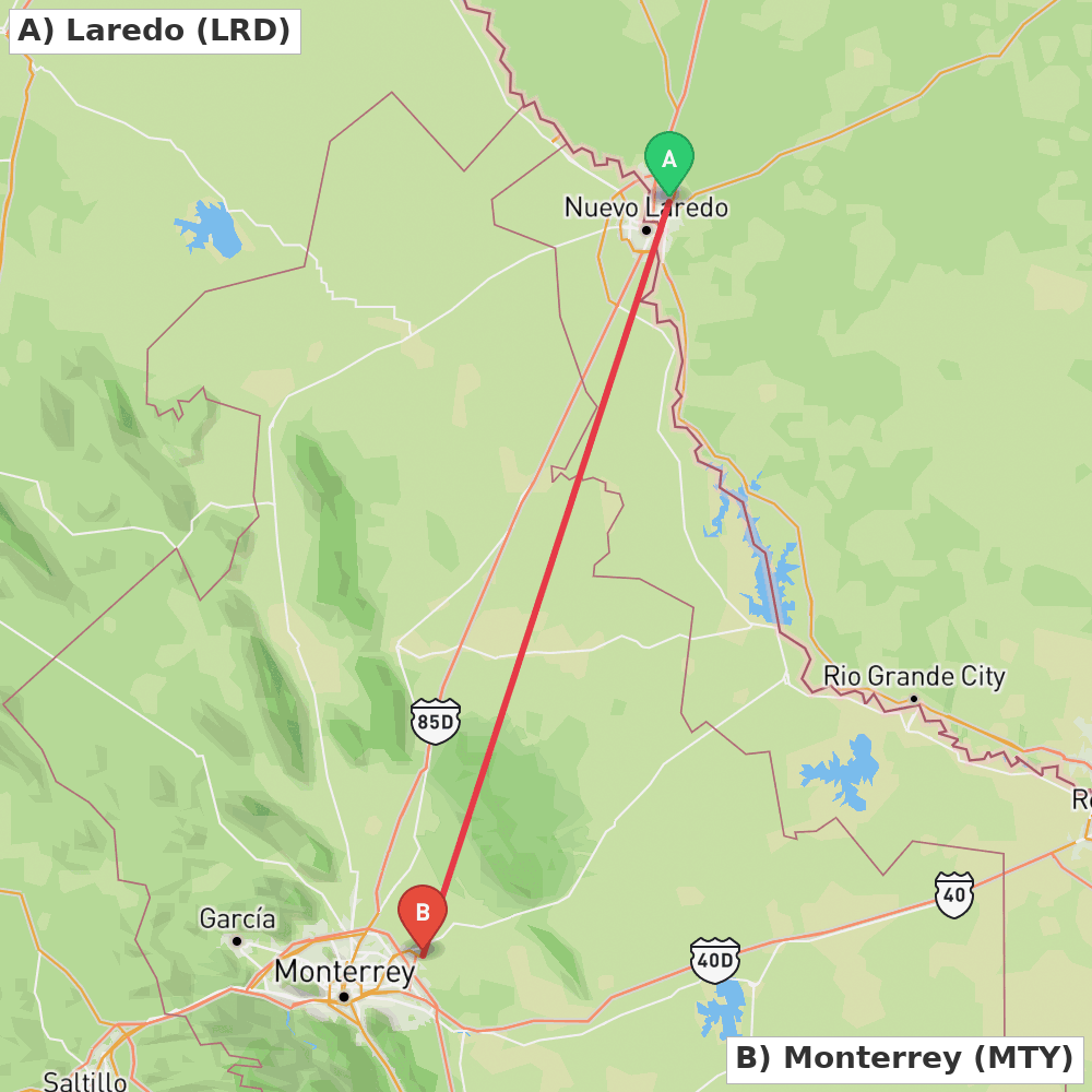 Flight route map from Laredo to Monterrey