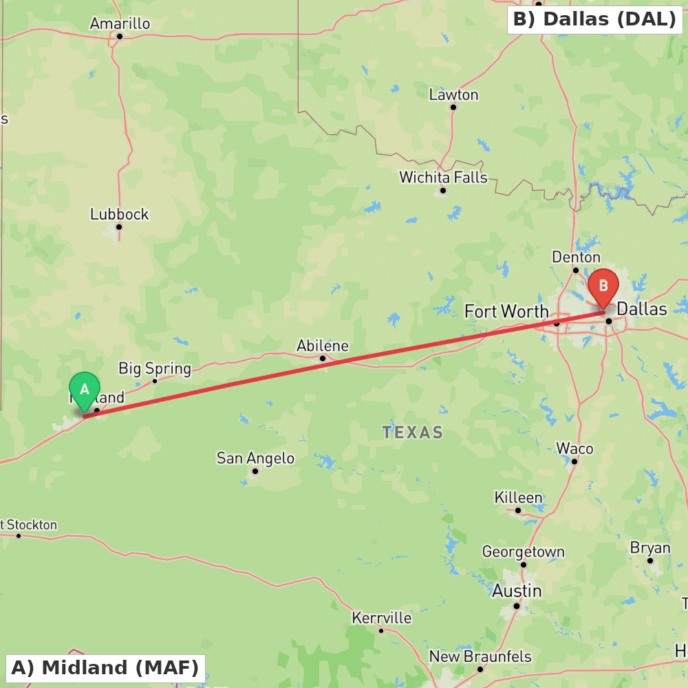 Flight route map from Midland to Dallas