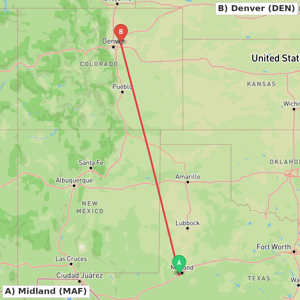 Flight route map from Midland to Denver