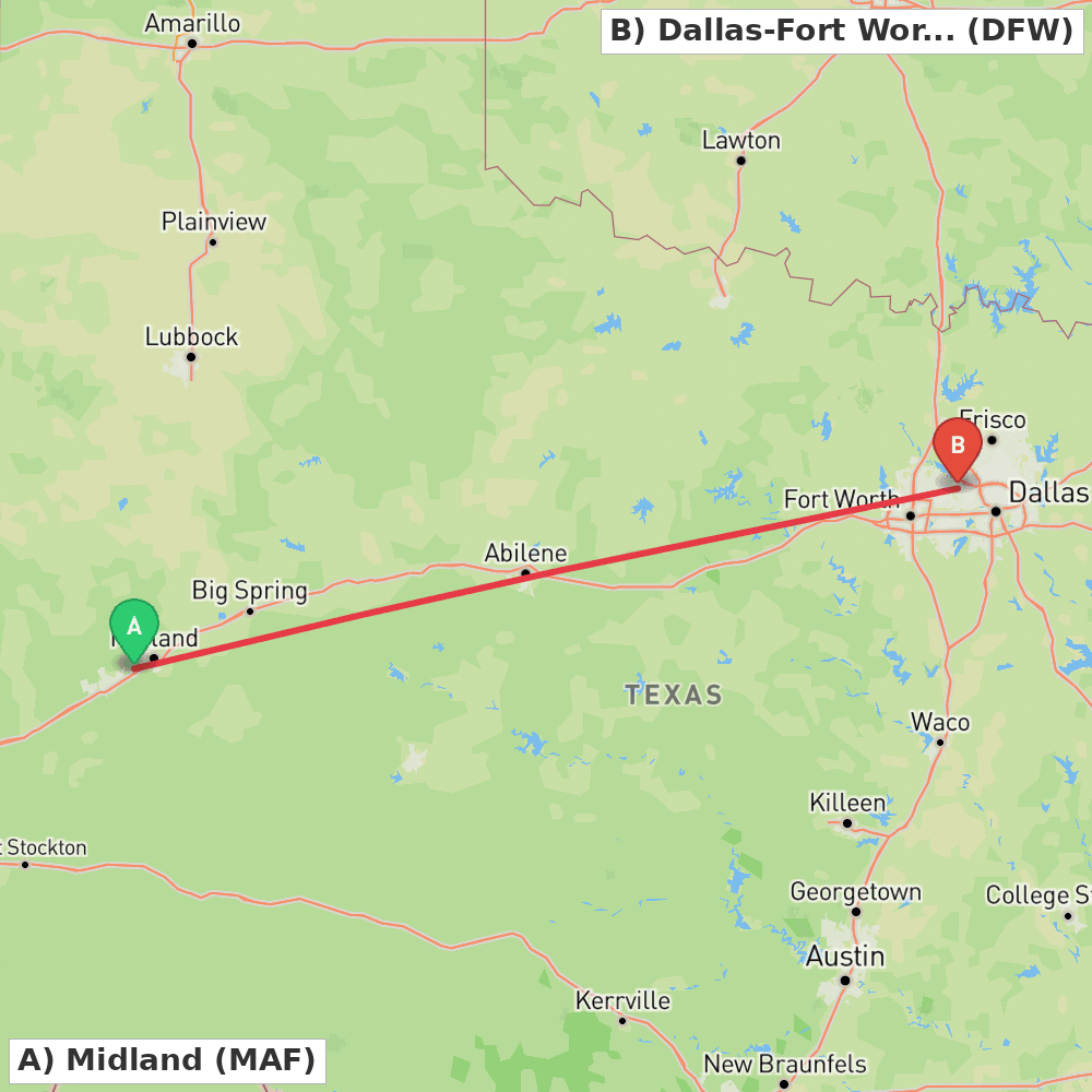 Flight route map from Midland to Dallas-Fort Worth
