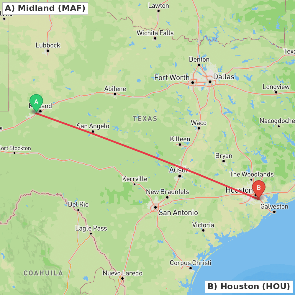 Flight route map from Midland to Houston