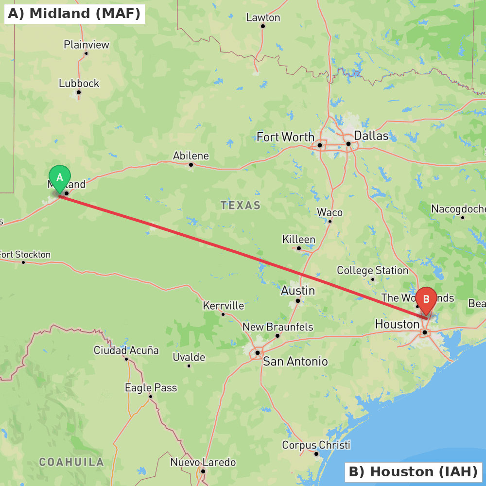 Flight route map from Midland to Houston