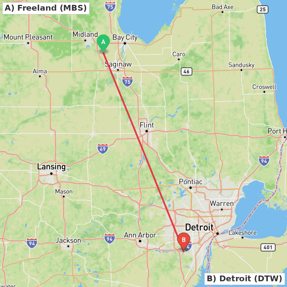Flight route map from Freeland to Detroit