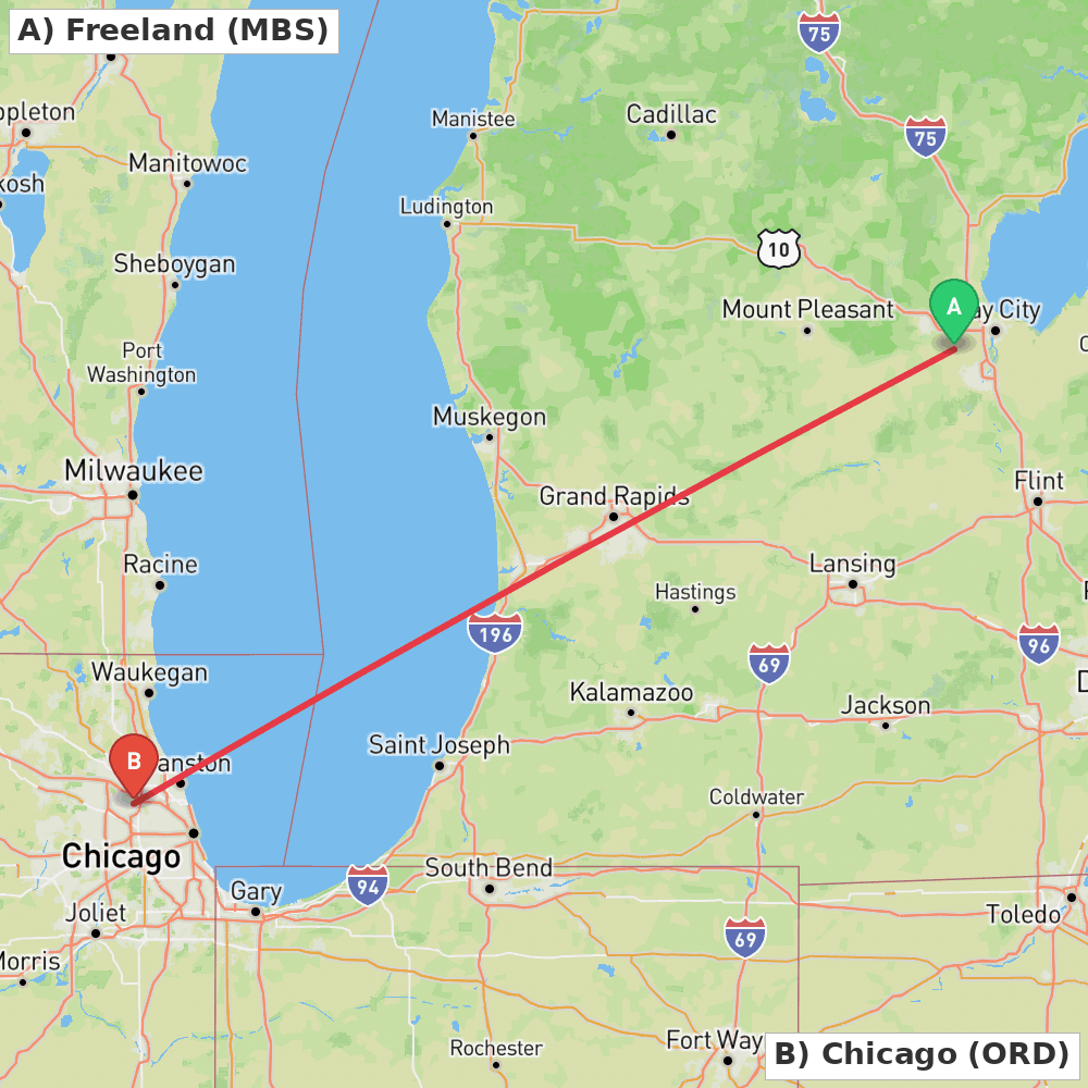 Flight route map from Freeland to Chicago