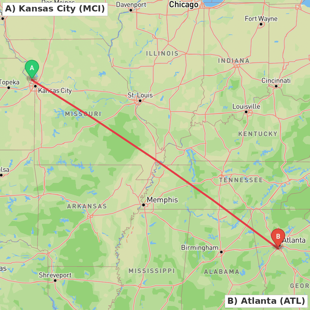 Flight route map from Kansas City to Atlanta