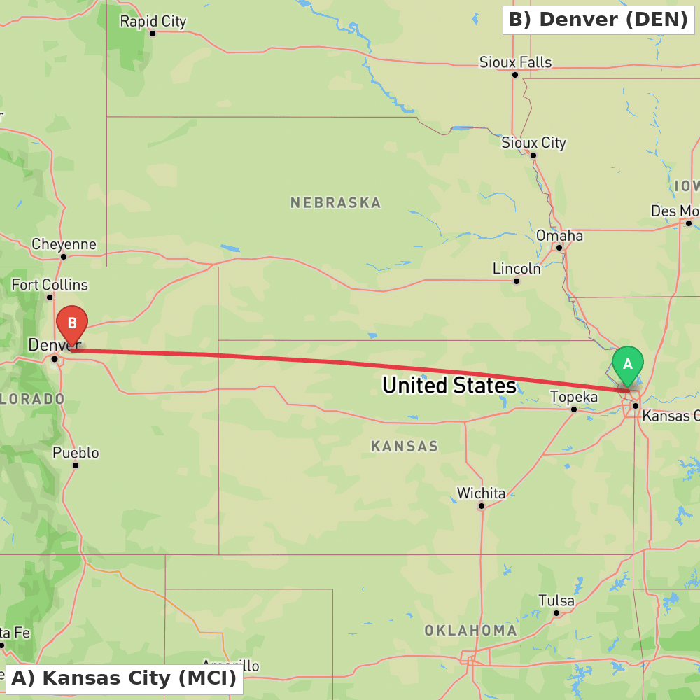 Flight route map from Kansas City to Denver