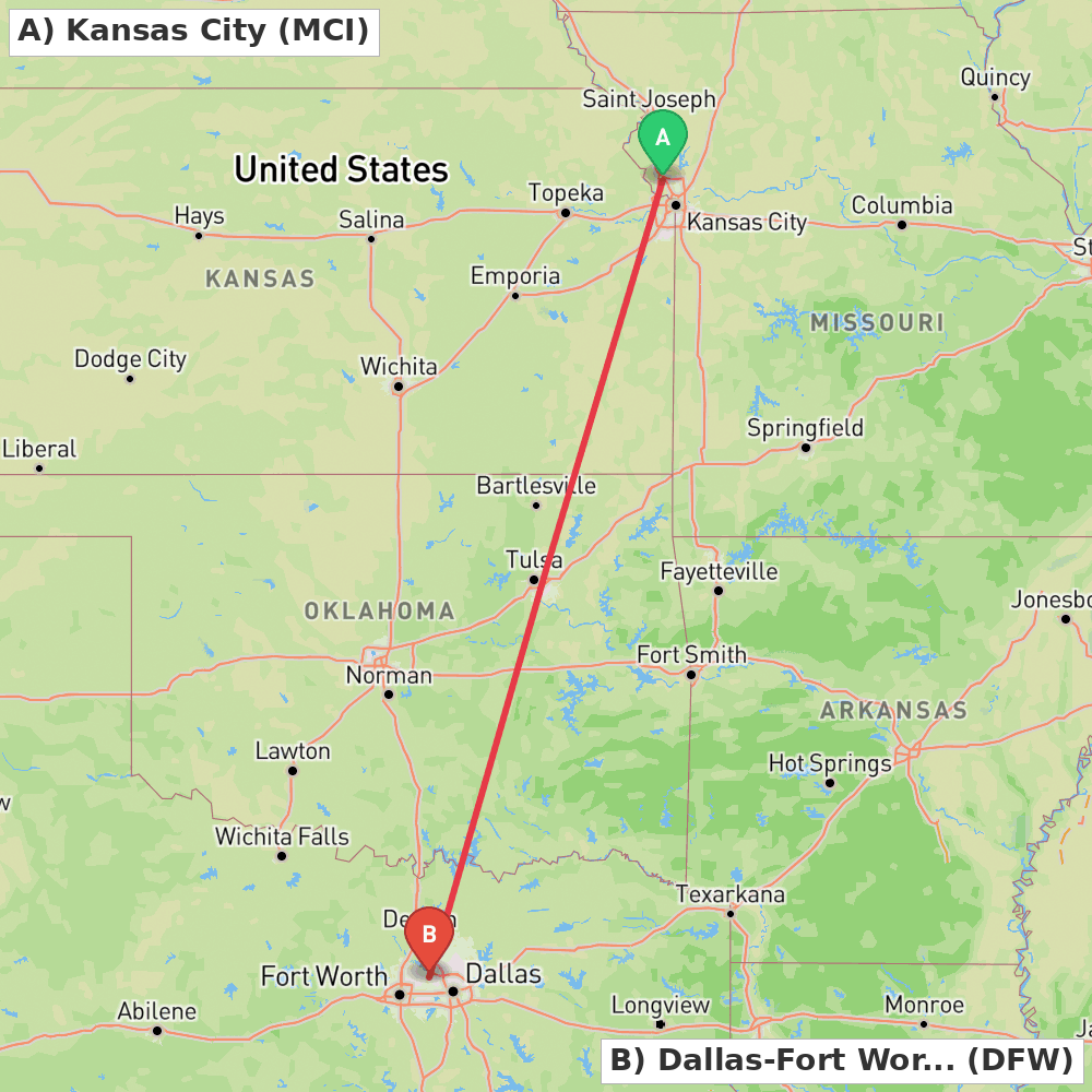 Flight route map from Kansas City to Dallas-Fort Worth