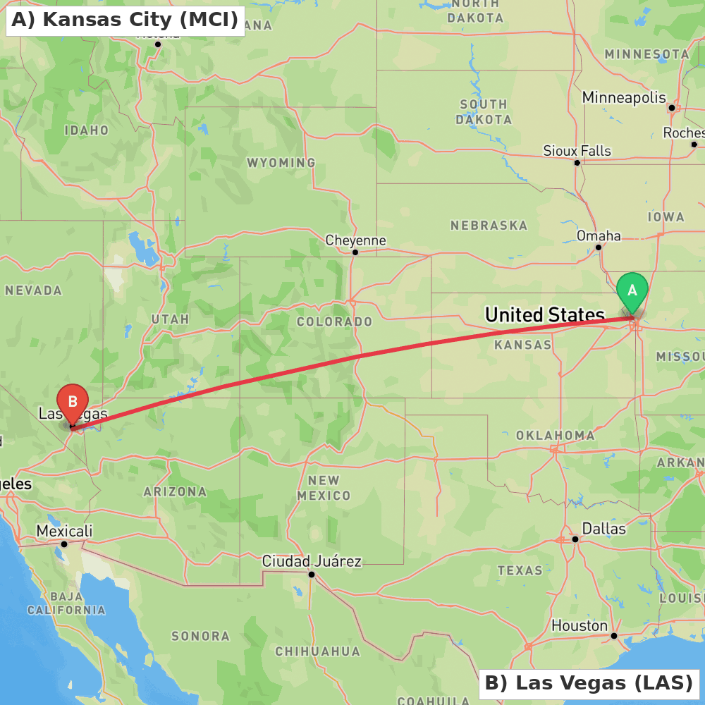 Flight route map from Kansas City to Las Vegas