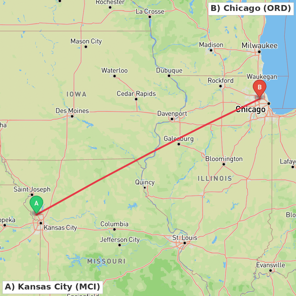 Flight route map from Kansas City to Chicago