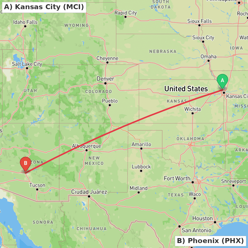 Flight route map from Kansas City to Phoenix