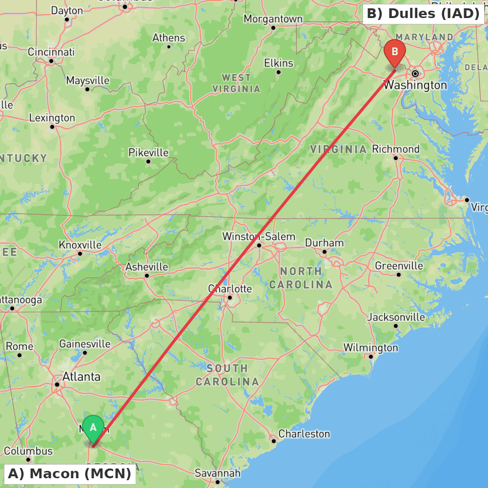 Flight route map from Macon to Dulles