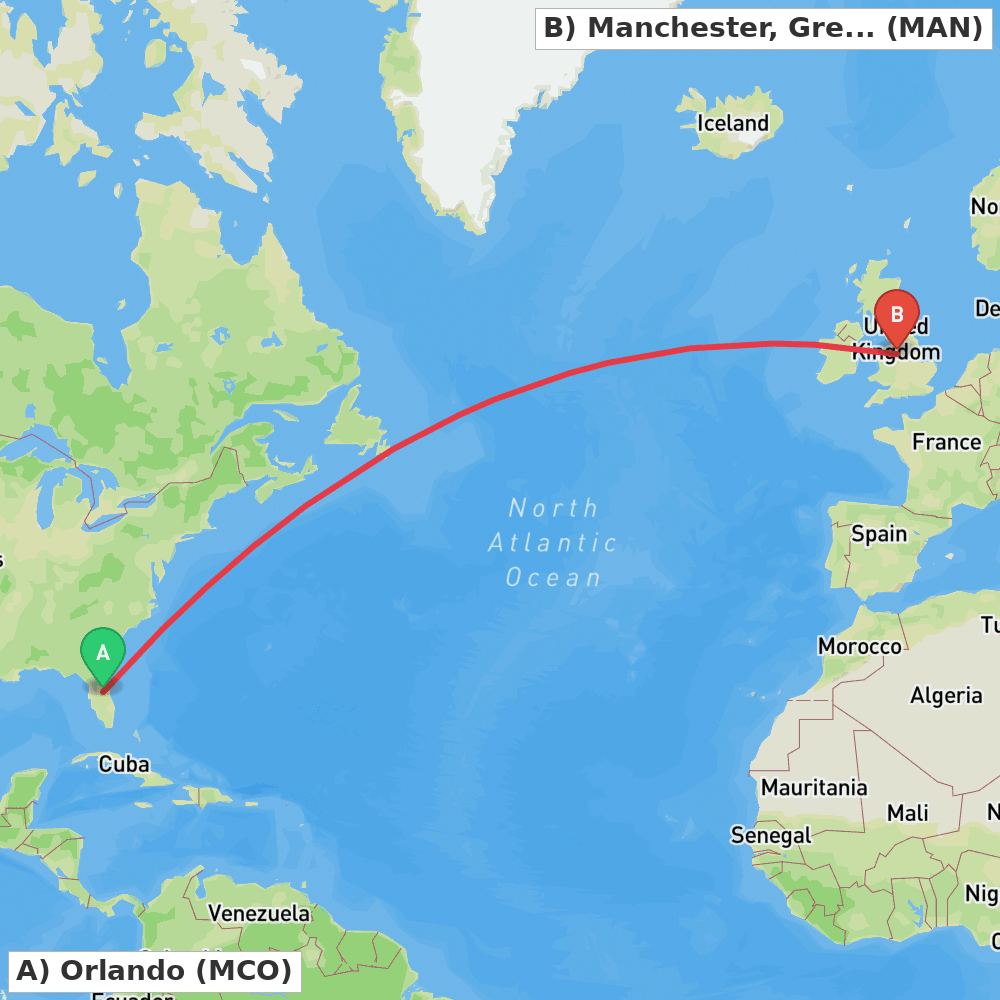 Flight route map from Orlando to Manchester, Greater Manchester