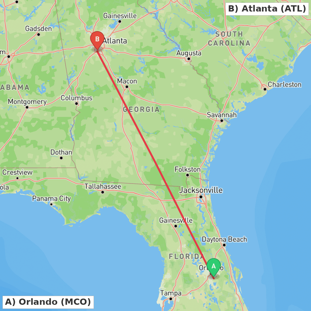 Flight route map from Orlando to Atlanta