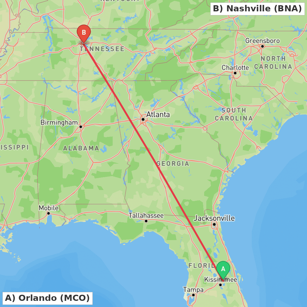 Flight route map from Orlando to Nashville