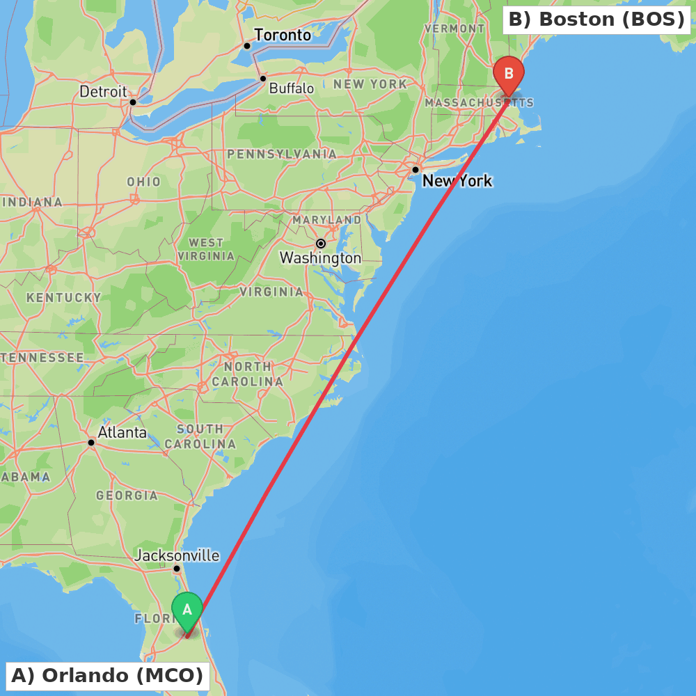 Flight route map from Orlando to Boston