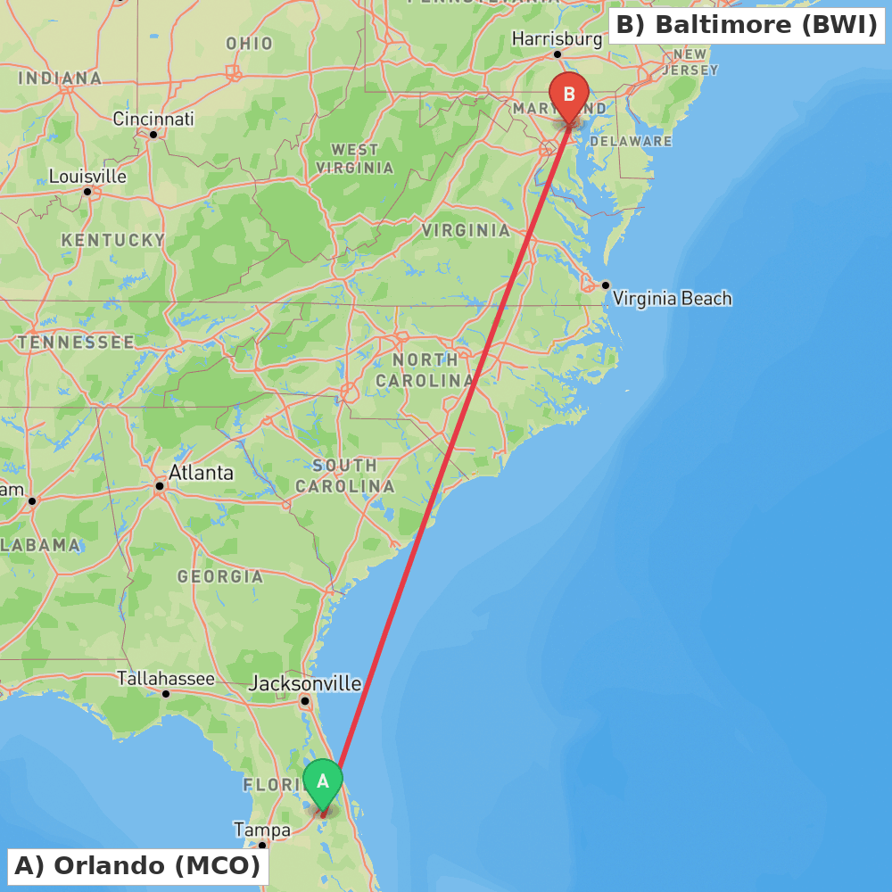 Flight route map from Orlando to Baltimore